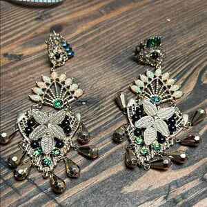 Vintage Gold-Tone Floral Drop Earrings with Green and Opal Accents